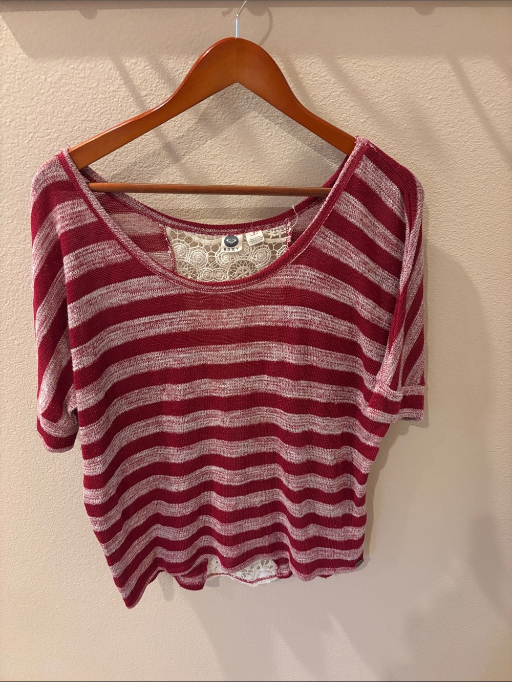 Roxy Burgundy and Cream Striped Scoop Neck Short Sleeve Top